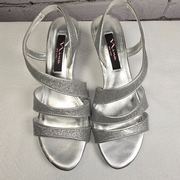NINA NOLGA PEWTER BABY GILT SHOES WOMENS HELLE STAPPY SANDAL SIZE 7 - Picture 6 of 8